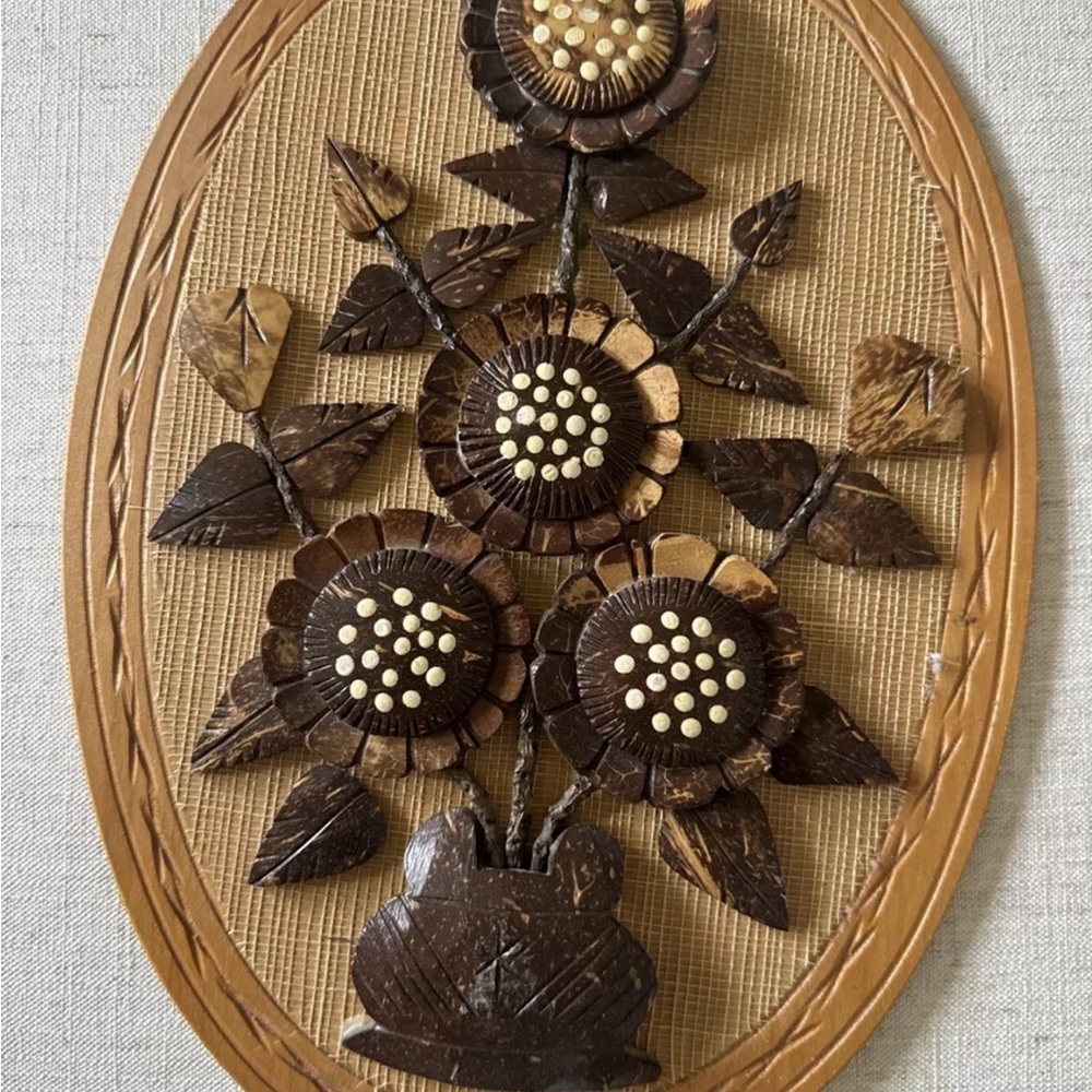 Vintage Coconut Shell Flowers Art Plaques Wall Decor Natural Brown Cottagecore